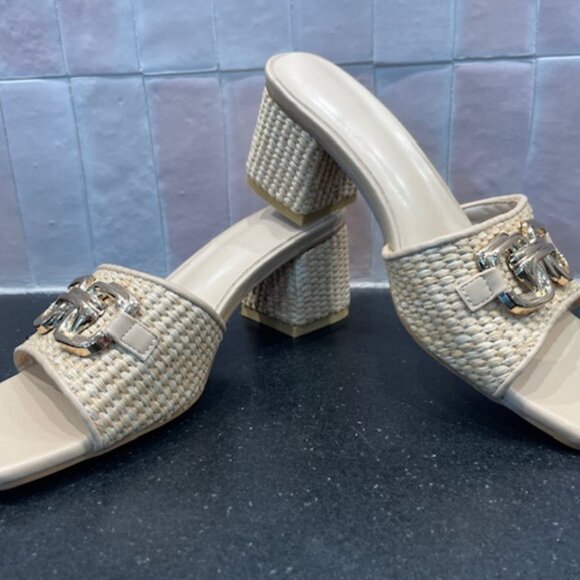 NEW DESIGNER STRAW RAFFIA HEEL & STRAP SANDALS HORSEBIT DECOR SIZE US 7 - Picture 2 of 9